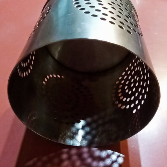 Artsy Silver Metal Cylindrical Candle Holder w/Punched holes in Spiral Designs - Picture 6 of 9